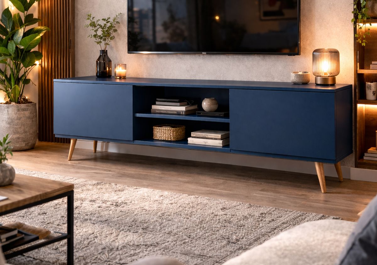 Rack Harmonia na cor Azul Marinho, montado em uma sala de estar
