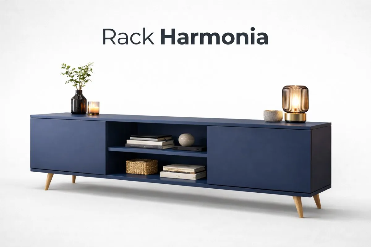Rack Harmonia na cor Azul profundo, com o nome do produto, visto de frente sobre fundo claro